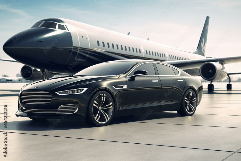 Luxury transportation / 3D render of a stylish car with a sleek jet plane. Generative AI