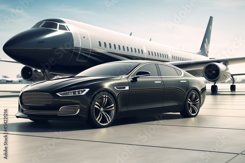 Luxury transportation / 3D render of a stylish car with a sleek jet plane. Generative AI