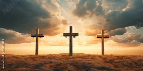 Three Crosses on a Rocky Desert Hill. Resurrection Of Jesus Christ