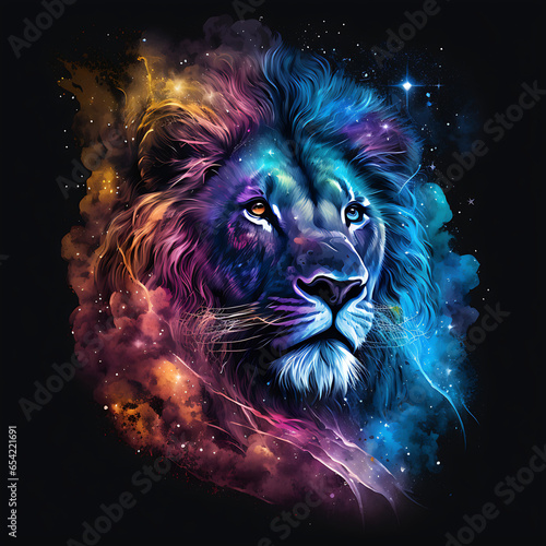 Neon lion, t-shirt print, animal, nature, universe, colorful. 
