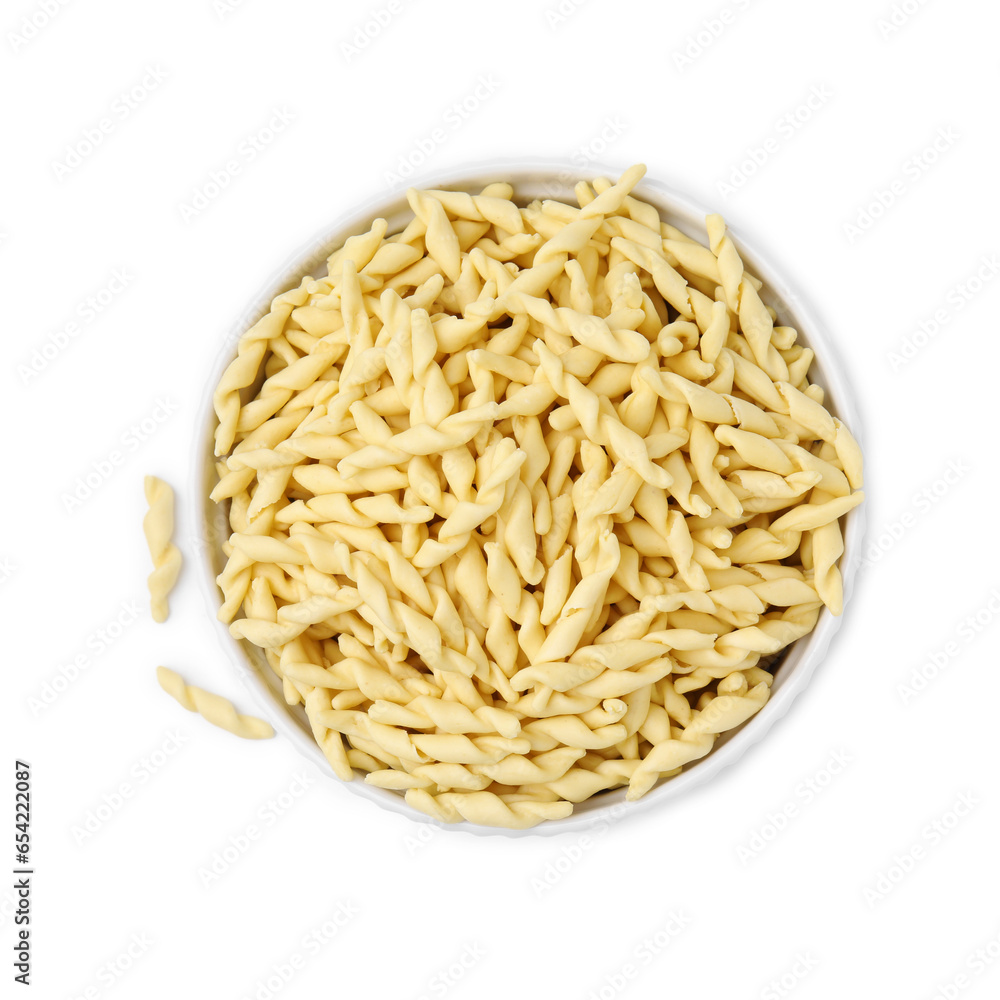 Bowl with uncooked trofie pasta isolated on white, top view