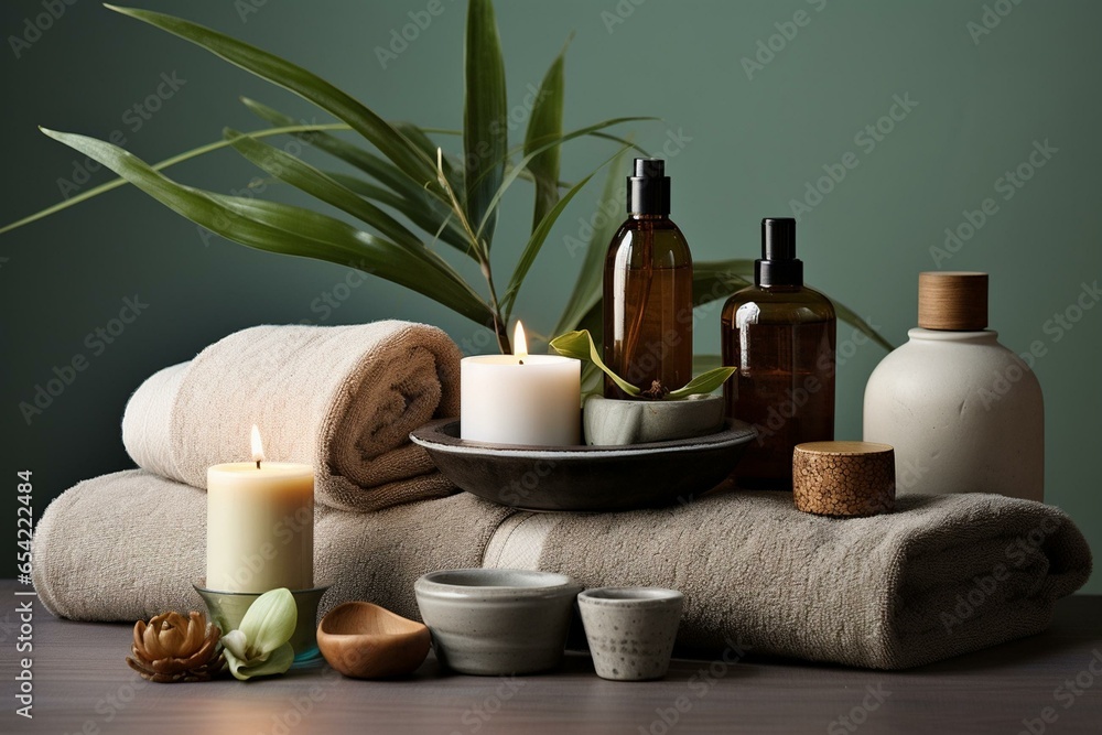 A serene spa arrangement with natural skincare products. Generative AI