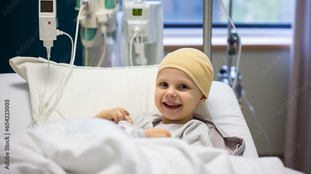 child patient lying in hospital ward. Sick bald kid with nasal tube lying in hospital bed after chemotherapy child patient lying in hospital ward. Sick bald kid with nasal tube lying in hospital bed after chemotherapy