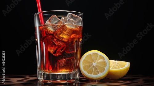 ice cold coke in a glass with ice cubes, drinking straw and lemon slices