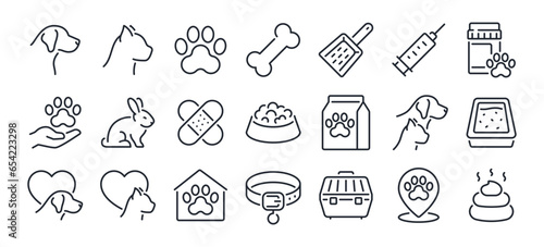 Veterinary and pet care editable stroke outline icons set isolated on white background flat vector illustration. Pixel perfect. 64 x 64.