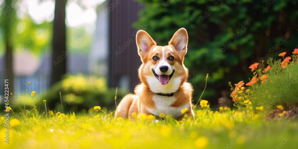 Welsh Corgi Dog on Grass Background. Portrait of Cute Dog in The Park Welsh Corgi Dog on Grass Background. Portrait of Cute Dog in The Park