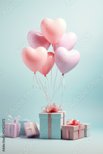 Gift boxes with heart shaped balloons on blue background