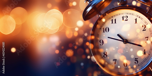 Close-up photo of a clock in a blurry bokeh background, fairytale magic atmosphere