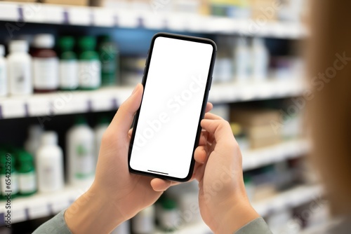 person using white screen smartphone in pharmacist 