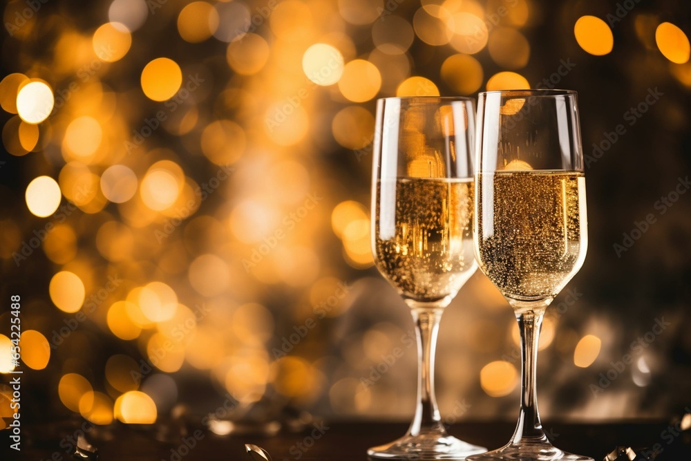 Two glasses toasting with champagne in a festive celebration. Bokeh lights add magic to the holiday ambiance. Generative AI