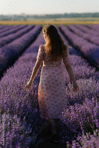 Back view of a woman walking along the rows of a lavender field