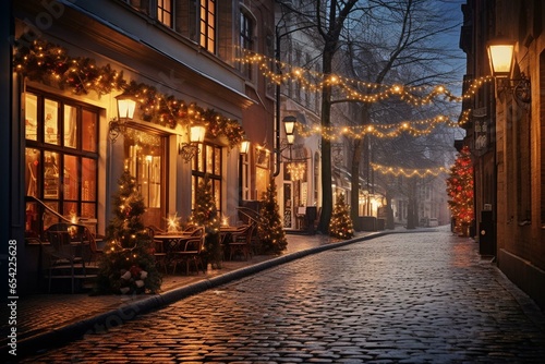 Festive street with lit cobblestone and holiday lights. Generative AI