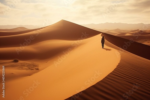 Solitary figure crossing vast desert dunes. Generative AI