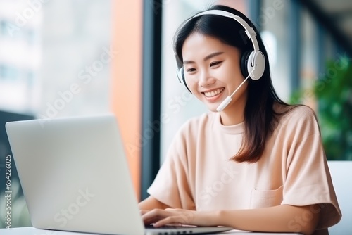 Asian call center person sitting in front of laptop 