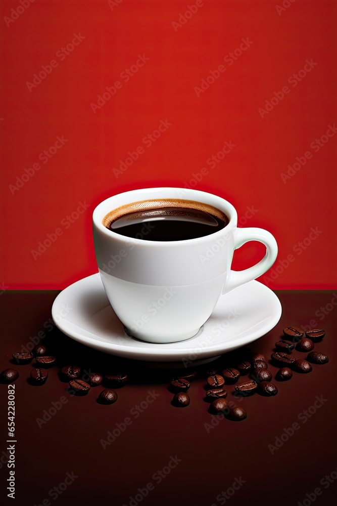 Black coffee in white cup on red background poster advertisement flyer Black coffee in white cup on red background poster advertisement flyer