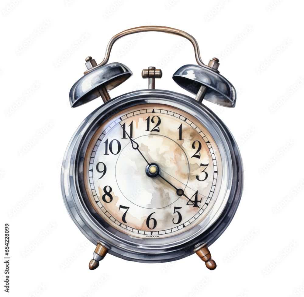 Watercolor illustration of a gray alarm clock. Generative AI, png image Watercolor illustration of a gray alarm clock. Generative AI, png image