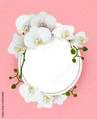 Vertical invitation banner with white orchid flowers on pink background..