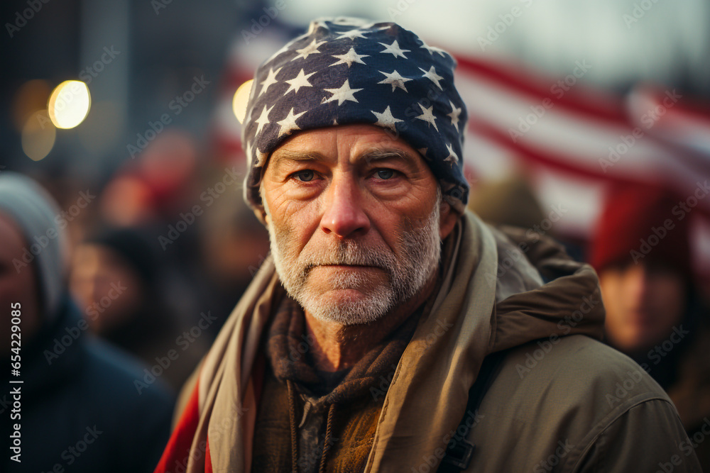 An American veteran during a parade with US flags waved An American veteran during a parade with US flags waved