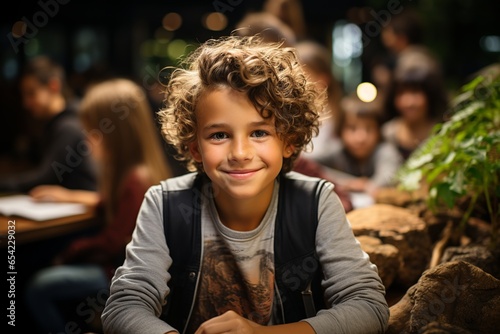 Smiling boy in elementary school class with diverse group of children