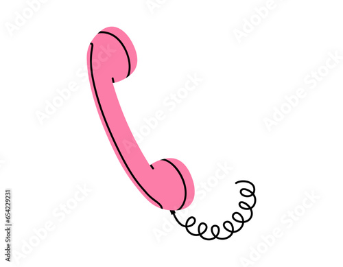 Hand drawn cute cartoon illustration of pink retro phone handset. Flat vector old telephone with dial sticker in simple colored doodle style. Call device icon or print. Isolated on white background.
