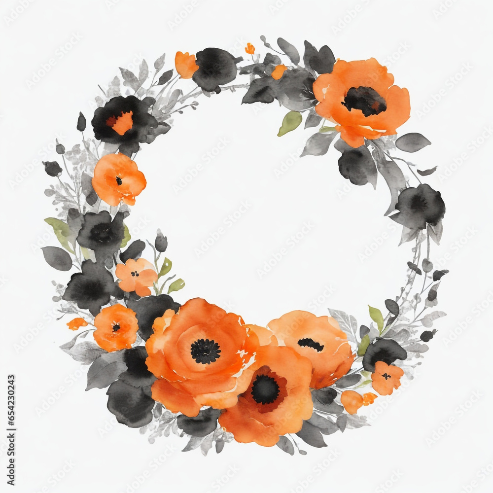 Fototapeta premium Black and orange watercolor Round shape floral frame, white background.