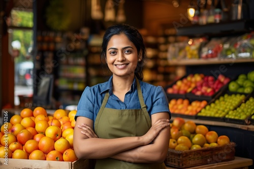 Smiling Indian female worker in a fruit shop with folded hands and looking at the camera © NEM