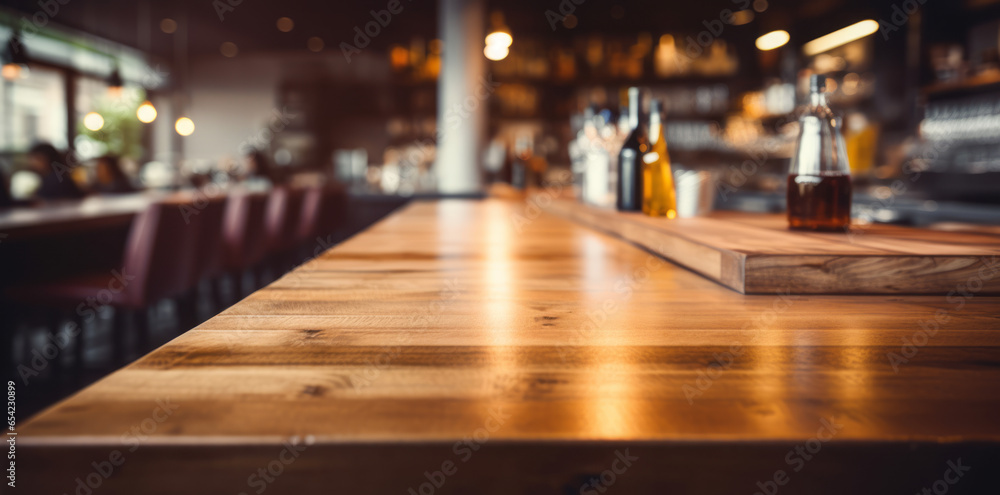 Top of wooden table on blur background with lights of bar, cafe, coffee shop or restaurant. Using for mock up template for display of your design