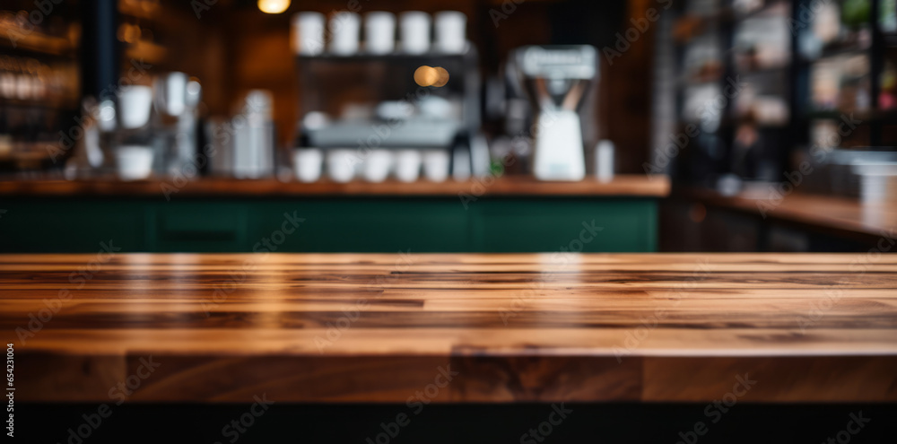 Top of wooden table on blur background with lights of bar, cafe, coffee shop or restaurant. Using for mock up template for display of your design Top of wooden table on blur background with lights of bar, cafe, coffee shop or restaurant. Using for mock up template for display of your design
