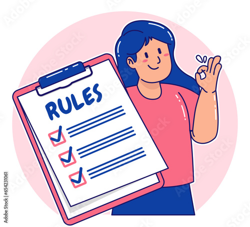 Cartoon woman explaining the rules