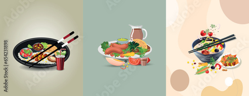 Asian food story set, and traditional restaurants, cooking, menu, vector illustration