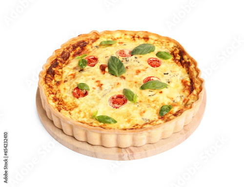 Delicious quiche with cheese, tomatoes and basil isolated on white