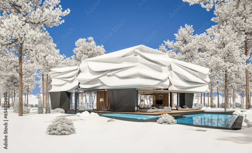 3d rendering of cute cozy modern house with bionic natural curves plastic forms with parking  and pool for sale or rent with beautiful landscape. Cool winter day with shiny white snow