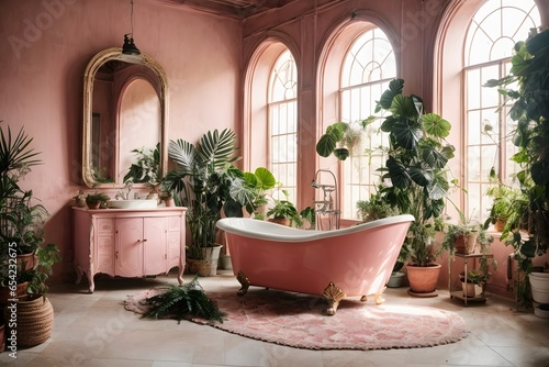 rustic interior bathroom with plants around, vintage light pink design. Generative Ai.