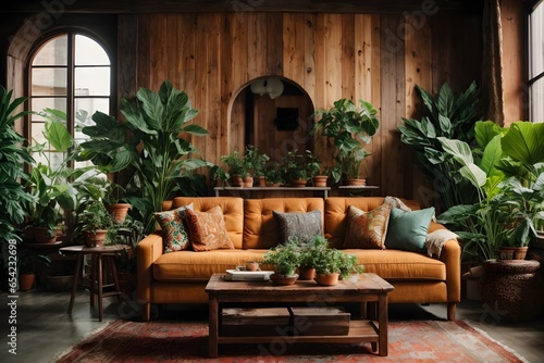 rustic interior living room with sofa, wooden table and plants around, vintage design © kapros76