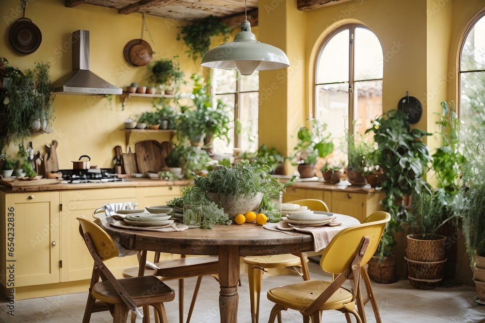 Rustic interior kitchen with rounded dining table with plants around, vintage light yellow design. Generative Ai.