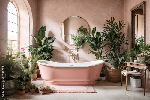rustic interior bathroom with plants around, vintage light pink design. Generative Ai.