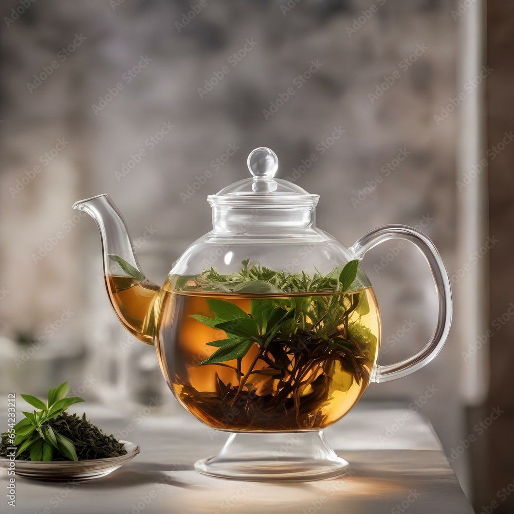 A glass teapot filled with loose tea leaves and hot water steeping into a fragrant infusion4 A glass teapot filled with loose tea leaves and hot water steeping into a fragrant infusion4