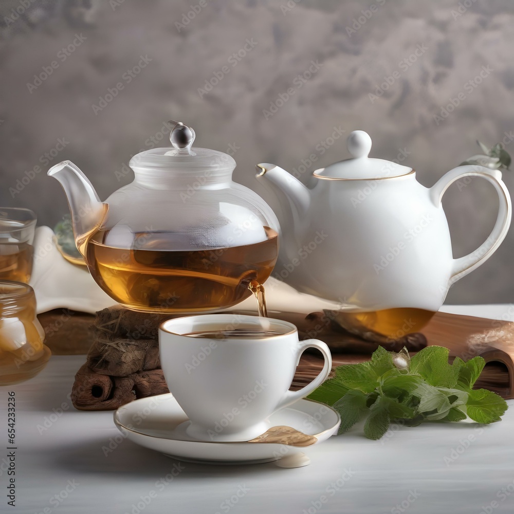 A teapot pouring a stream of herbal tea into an elegant porcelain cup1 A teapot pouring a stream of herbal tea into an elegant porcelain cup1