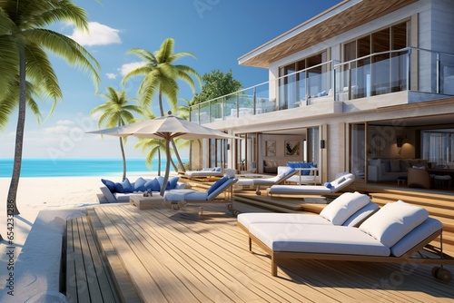 Luxury beach house with terrace, beds, blue sky, lounge chairs, wooden deck, vacation home, hotel, 3D tourist resort. Generative AI