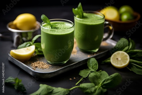 healthy drink with green blend in a pair of cups on a counter. Generative AI