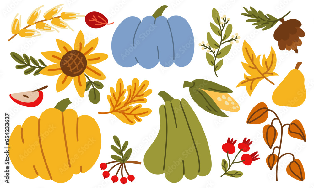 The autumn harvest has begun. Vector collection of vegetables, fruits and berries of the farm with pumpkins, sunflowers, apples, corn, pears, physalis, cranberries. Funny autumn illustration