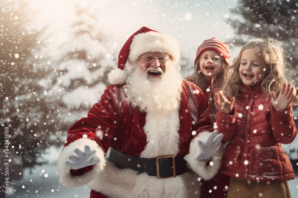 Santa Claus playing with children in a snowy winter background. Christmas, New year holiday concept Santa Claus playing with children in a snowy winter background. Christmas, New year holiday concept