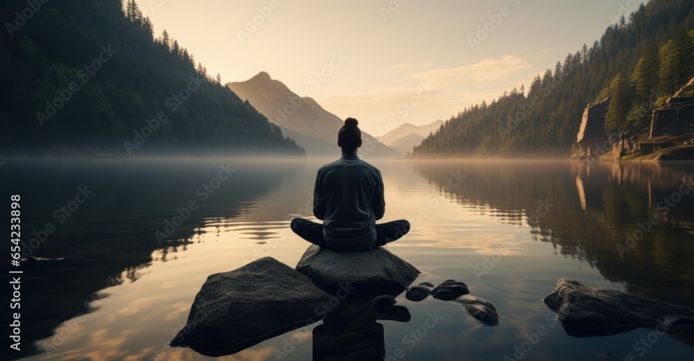 an individual in meditative solitude at dawn, discovering tranquility and inner motivation - obrazy, fototapety, plakaty 