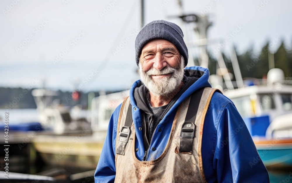 Smiling portrait of a senior male fisherman on a fishing boat dock. Generative AI Smiling portrait of a senior male fisherman on a fishing boat dock. Generative AI