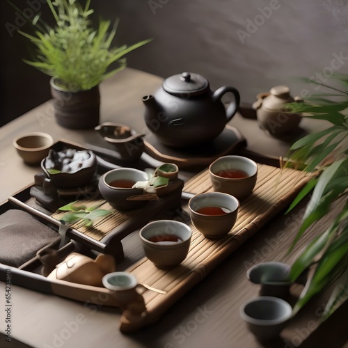 A tea ceremony with traditional Chinese tea set, cups, and a bamboo tea tray4