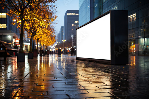 Large blank billboard on city street, mock up, Street advertising poster. Blank white billboard on city square with modern skyscrapers background. 3D rendering. AI generated 