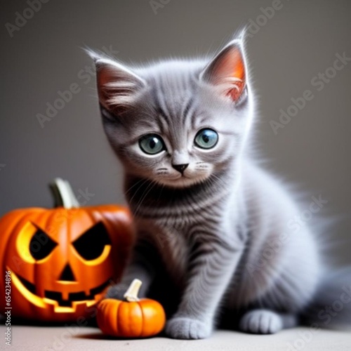 Cat and Halloween, yellow pumpkin © sevensowhat