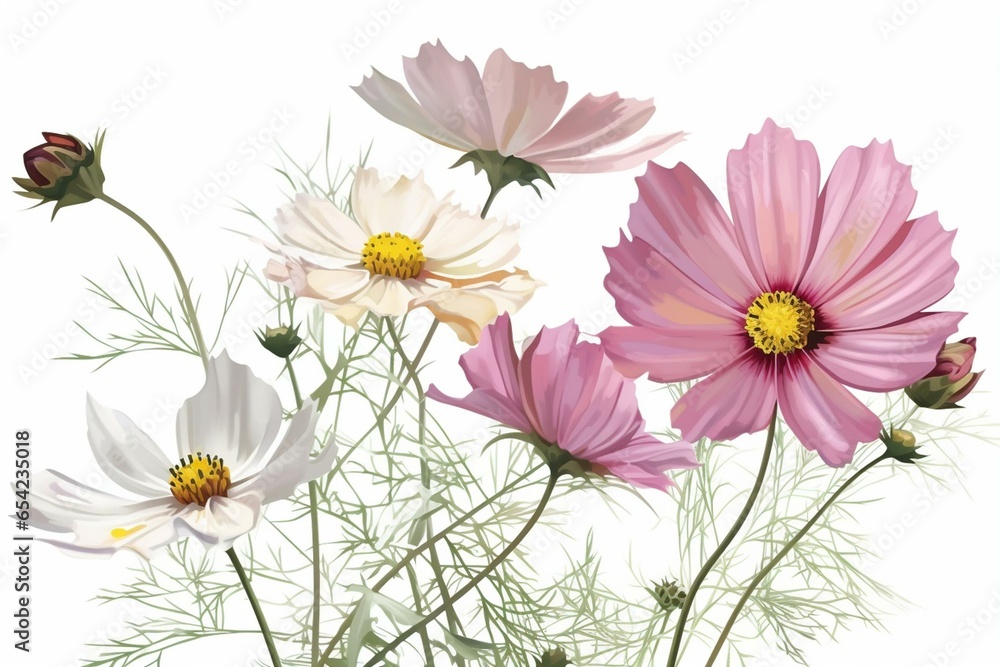 Illustration of cosmos flowers on a white background. Generative AI