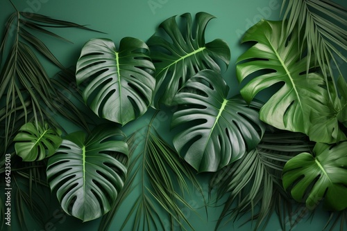 Captivating flat lay of monstera jungle with lush leaves. Generative AI