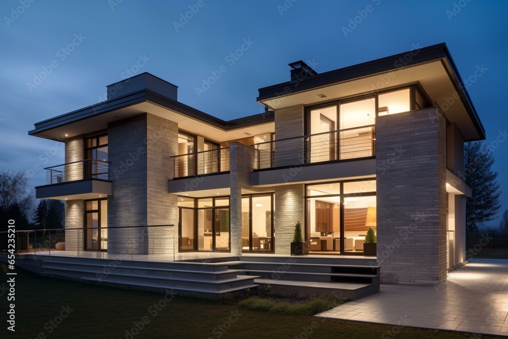 Evening modern house exterior design. Generative AI